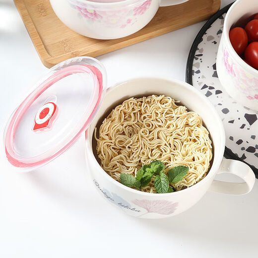 Pick up cat bowl with handle, instant noodle bowl, ceramic bowl with lid, handle, cute Chinese tableware, lunch box cup, convenient for student dormitory, Heng’s love number can make regular instant noodles