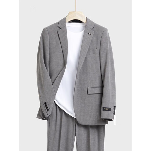 罗蒙（ROMON）轻奢感色织人字纹西服套装男英伦修身正装韩版新郎结婚礼服西装男 棕灰/外套+衬衫+裤子 XL (135斤内)