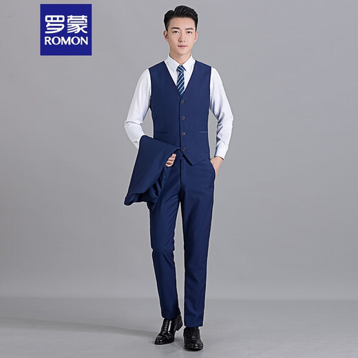 ROMON suit suit for men, three-piece suit, men's suit jacket, formal work wear, professional wear, wedding groom, best man's small dress, sapphire blue double button suit + trousers XL