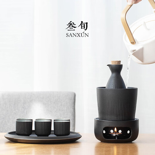 Thirty-nine Chu silk wine warmer set Japanese style wine scalding pot household sake wine set heating rice wine cooking wine warmer wine glass wine set scalding wine pot household Chu silk black pottery 6 cups + wine warmer + wine warmer + tray (comes with a box of candles)
