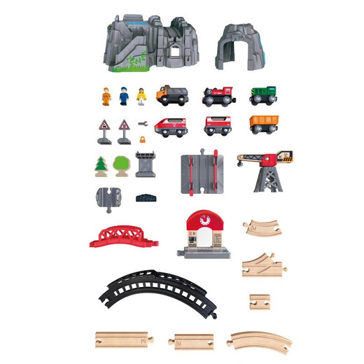 Hape火车轨道玩具 多功能木质火车玩具积木拼装套装3-6岁男女儿童玩具 火车轨道隧道穿山套装+自带电动火车头 3-6Y