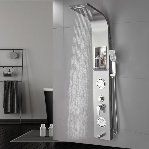 Znmw304 Edelstahl Duschschildschaft mit Ablagerungsregal Duschschuhe Set Regen Duschkopf Wandmontierte Wasserhahn Dusche 6227 Schwarz + 4 Funktionen