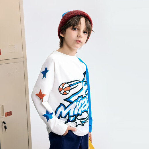 MQD (MQD) MQD boys' autumn college style raglan sleeves contrasting asymmetric long-sleeved T-shirt in white 130