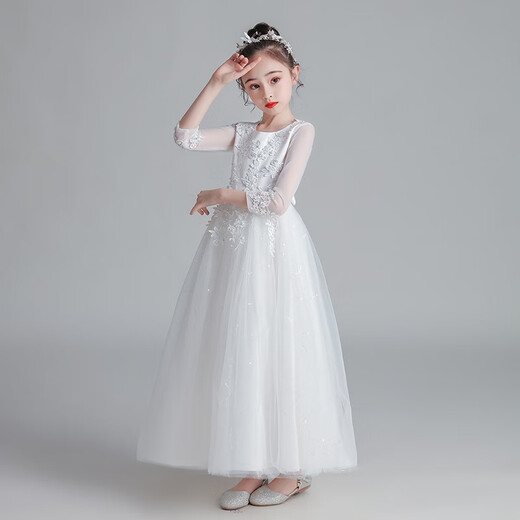 
Dev Ake children's dress girl princess skirt high-end long skirt small host piano performance evening dress big boy middle school student CW683 long white 160 (recommended 71-80 Jin [Jin equals 0.5 kg])