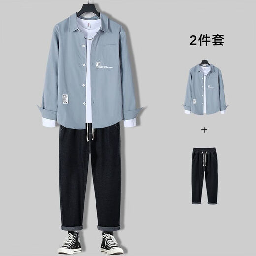 Commander Xiong leicht fette Herrenkleidung für Gelegenheitsanzüge von Männern für Frühling und Herbst, eine komplette Reihe reifer und trendiger Kleidung. 679 Blaues Hemd + langes weißes T + 71 Blaue Jeans. Eine Größe S. Qualität ist höher als die von Gleichaltrigen.