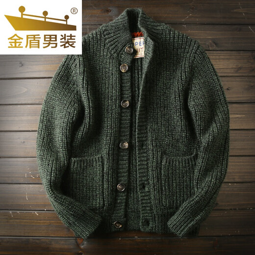 Golden Shield Wool Cardigan Italian Station Men's Autumn and Winter Thickened Knitted Sweater Jacket Green M (130-145Jin Jin equals 0.5kg)