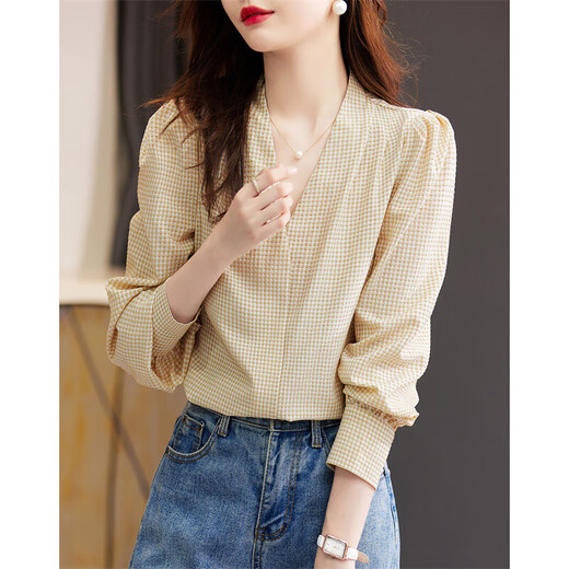 Demana (dme) pleated design shirt spring and autumn commuter V-neck straight long-sleeved plaid shirt women's tops Autumn Leaf Yellow XL