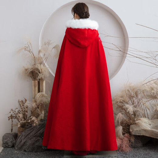 Nantang three-color bridal shawl winter wedding dress with cape Chinese wedding dress Xiuhe cloak warm red long coat 044 peony white edge style (one-size-fits-all length 130cm)