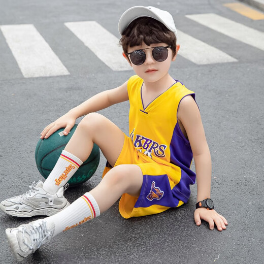 Children's clothing boys' vest suit 2020 new summer clothing children's basketball jersey two-piece casual T-shirt + five-point shorts summer style student little boy medium and large children's sports suit yellow 160 size recommended height around 150cm