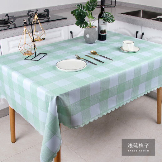 Little Brown Bear tablecloth cover oil-proof and waterproof fabric coffee table cloth tablecloth PVC tablecloth student anti-scalding wipeable no-wash table mat light blue plaid [thickened] 120cn*150cm (suitable for dining table)