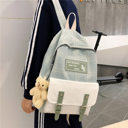 Japanese backpack, belt, schoolbag, female Korean version, high school Harajuku college student college backpack, campus Douyin light green bear pendant