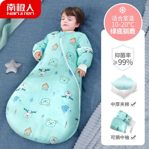 Antarctic baby sleeping bag anti-kicking quilt pure cotton baby quilt spring, autumn and summer pure cotton medium and large children constant temperature sleeping bag infant mushroom sleeping bag children summer thin anti-kicking quilt artifact antibacterial [medium thickness 10-20] green bottom reindeer XXL size clothing length 105cm, Suitable for height 100-125cm