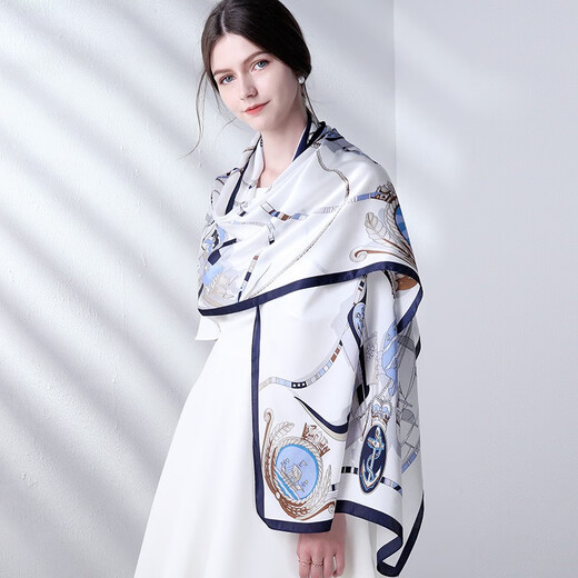 达芬奇密码真丝丝巾女春夏高档桑蚕丝绸披肩围巾女妈妈生日礼物 海行蓝白