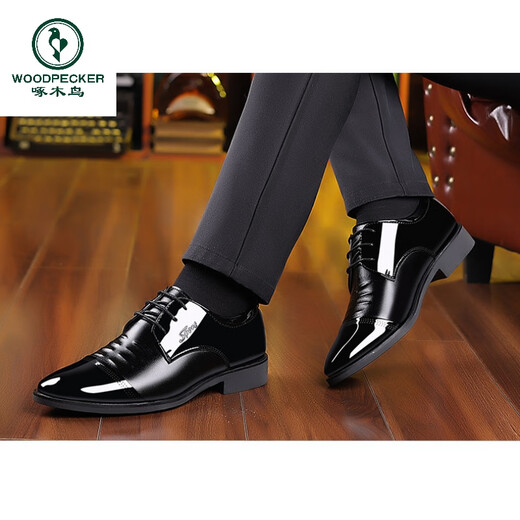 
Woodpecker Real Soft Leather Suit Men's Leather Shoes Men's Flat Groom Gloss Glossy Official Wedding Shoes Young Pointed Toe Boys Casual Wedding Shoes Spring and Autumn 9903 Glossy Black 39