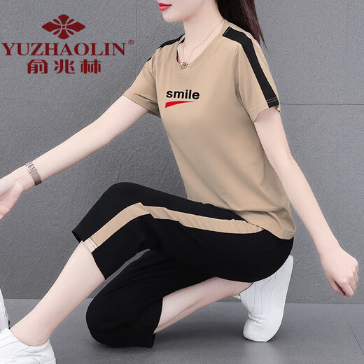 俞兆林妈妈装好棉运动服套装女夏季2024新款中年夏装休闲短袖七分裤两 宝蓝七分裤[687款] M (建议80-95斤)