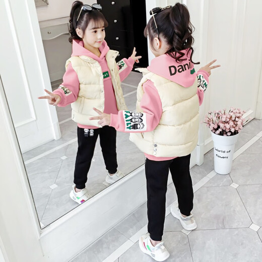 Three-piece Jixiangle children's clothing girls' suit autumn and winter 2020 new children's fashionable fashion Internet celebrity plus velvet thickened sweatshirt vest pants little girl's clothes trendy pink 5602110 size recommended height of about 1 meter