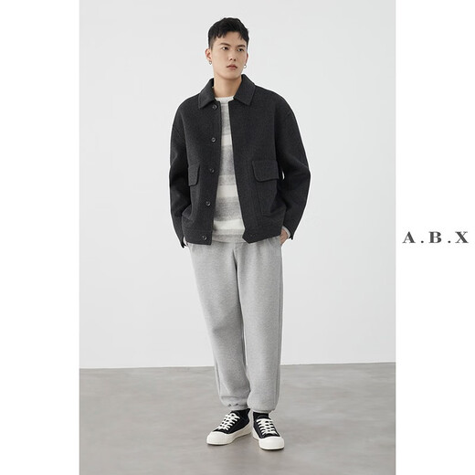 a.b.x Winter heavyweight full wool lapel workwear large pocket double-sided nylon jacket men's loose thickened tweed jacket light coffee M/170
