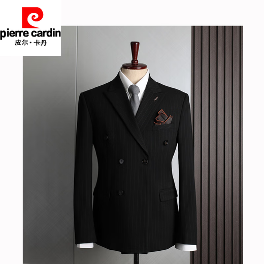 Pierre Cardin light luxury high-end brand men's clothing groom's suit striped double-breasted suit men's British retro business casual formal wedding dress suit versatile new knitted black single top 48/M