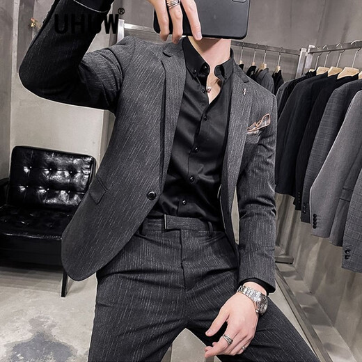 
UHUW suit men's striped men's slim Korean style casual small suit business formal wear groom wedding dress dark gray suit + trousers + vest) shirt + tie 3XL