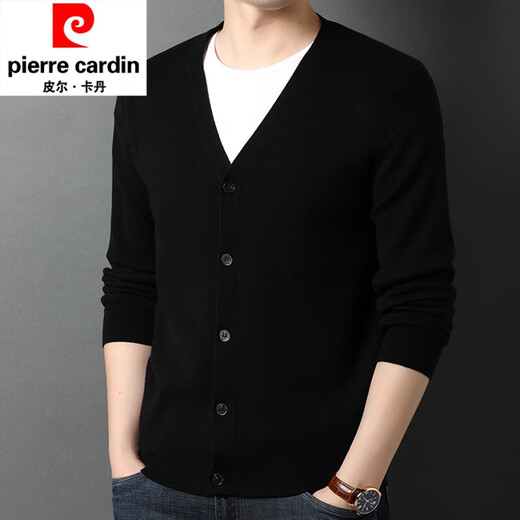 Pierre cardin knitted cardigan men's v-neck sweater spring and autumn solid color casual wool jacket thick outer thread trend GRYH012 black 175/XL