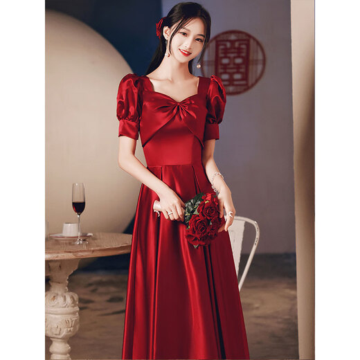 SAIDELE Satin Toast Wear Bridal 2025 New Wedding High-end Light Luxury Engagement Evening Dress Women's Red Summer Burgundy Mid-Length Style M (Recommended 96-105 Jin Jin is equal to 0.5 kg)