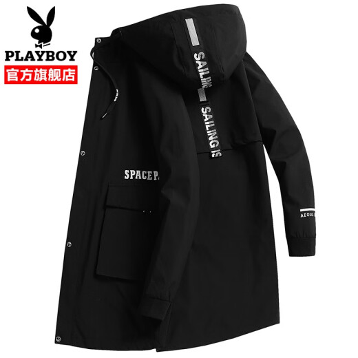 Playboy windbreaker men's mid-length spring, autumn and winter new coat men's hooded coat large size youth student top off the shelf 669 black no cotton L