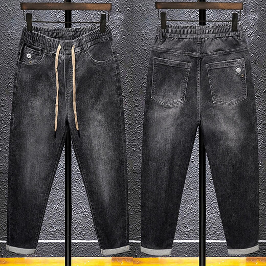 梦园朵夏季牛仔裤男士松紧腰高弹力宽松版型休闲裤男韩版潮流小脚裤长裤 常规 3886黑色 28  90-105