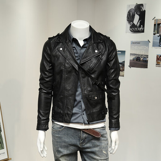 rowswell国潮伦复古斜拉链翻领皮夹克男 多口袋修身茄克个性帅气青年PU皮衣 黑色 2XL