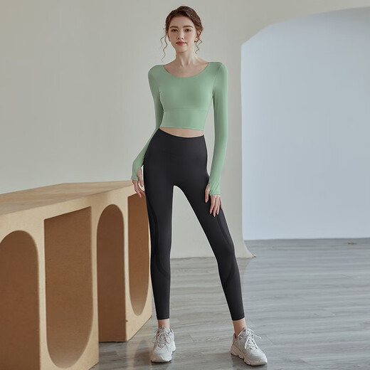 Yoga Girl Yoga Wear Women's Sports Top Running Pilates Training Fitness Wear Long Sleeve Set Pink Top + Gray Pants M (95-110Jin Jin equals 0.5kg)