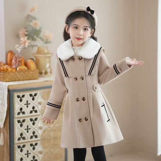 Disney (Disney) Mädchenmantel Winterwolle 2024 neuer Stil koreanischer Stil mittelgroßer gesteppter Wollmantel für kleine Mädchen 8886 Aprikosenhut + Kaninchen normaler Stil 150