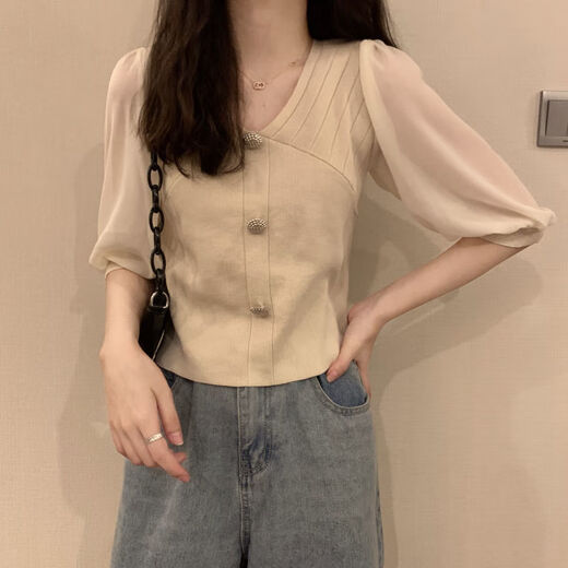 
Light and Red 2025 summer new ice silk chiffon spliced ​​V-neck short-sleeved sweater lady thin base shirt short top MCL 3523 white one size (70-125Jin [Jin equals 0.5 kg] can be worn)