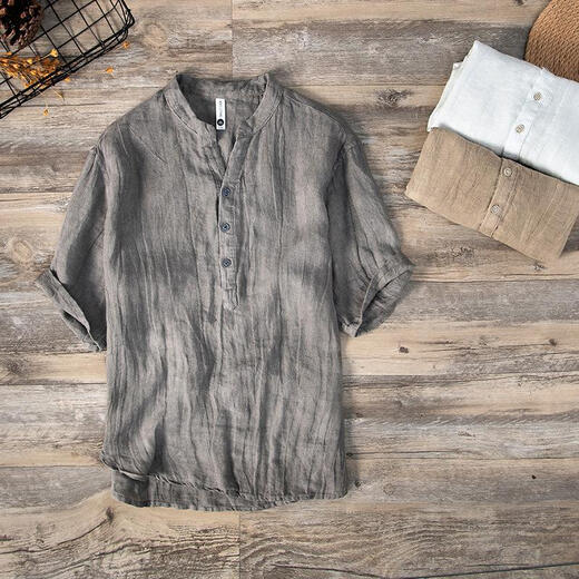 Good Bull (Haobuyi) Sommer Dünnes Leinen kurzärmeliges Freizeit-T-Shirt für Herren-Stand-up-Kragenpullover Nationaler Trend Largegroße Presse, gefärbtes großes Stand-up-Kragen Khaki XL