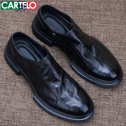 CARTELO new first-layer cowhide casual leather shoes men's genuine leather soft sole business formal men's shoes British versatile fashion shoes black 40