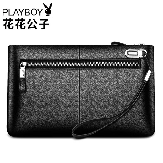 花花公子（PLAYBOY）头层牛皮男士手包真皮大容量手拿包拉链钱包商务休闲信封包手抓包 时尚大容量黑色【手腕带】