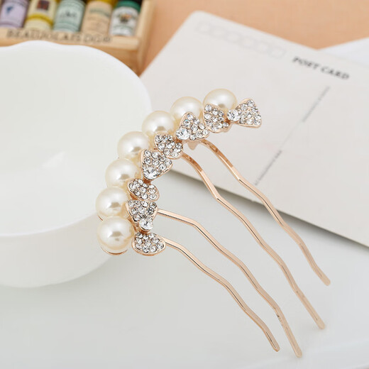 Qianbaolai Korean hair accessories rhinestone imitation pearl bow hair comb hair accessories popular women's four-tooth hair comb white