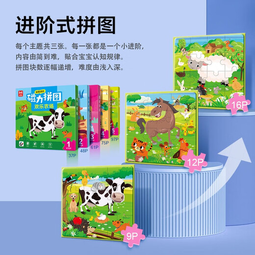 欢乐农场磁力拼图 37片3合1磁性拼图磁力拼板益智进阶游戏 儿童早教益智玩具 2-3-6岁动物认知拼图玩具