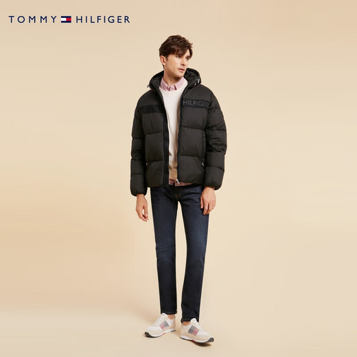Tommy Hilfiger [Ropa de algodón de pan] Fashion de otoño e invierno Fashion Capele Letter Chaqueta con capucha cálida Hombres 02539 BDS clásico Black L (recomendado: 150-165Jin [Jin iguala 0.5 kg])