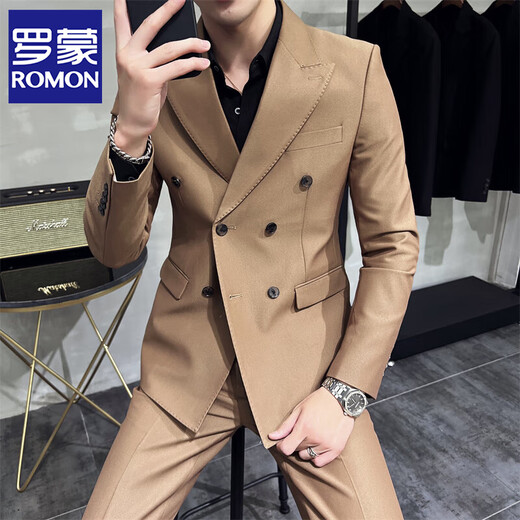 
ROMON light luxury high-end double-breasted suit suit men's Korean style slim business formal casual suit two-piece set Military green [double-breasted T687] XL