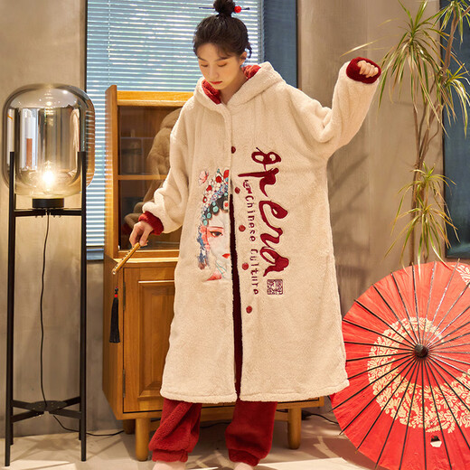 迪莉雅珊瑚绒睡衣女冬季加绒加厚睡袍中长款学生卡通秋款家居服两件套装 9913 L 码（建议100-120斤）