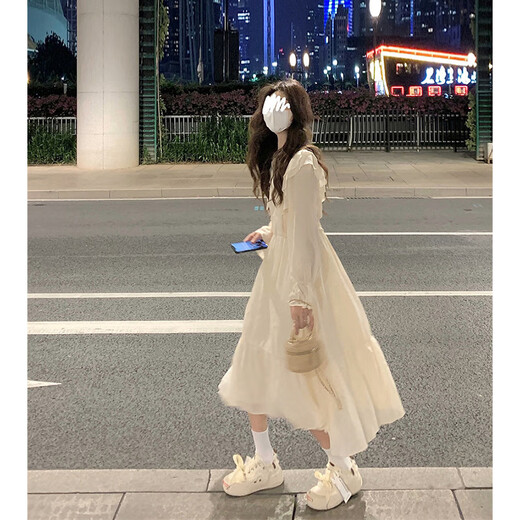 
French-style long-sleeved long-sleeved dress for women in autumn new design high waist slim long skirt light apricot color #1048 S