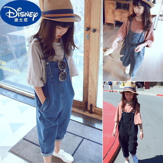 Disney brand girls' artistic overalls spring and summer 2024 new children's jeans medium and large children's loose nine-point pants blue 130cm recommended for 6-7 years old