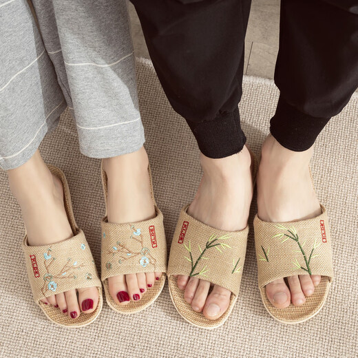 熠牧夏季中国风亚麻拖鞋男女居家情侣防滑软底家用地板绣花麻布凉拖鞋 女款梅花红 37-38 (250mm) 女款