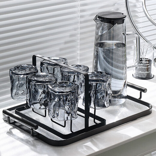 Hedara Nordic high-end glass home set living room drinking cup simple family tea cup for entertaining guests 6 ash twist cups + black stand + straight pot + black iron plate