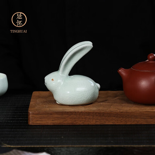 Tinghuai kiln Ru kiln rabbit tea art tea table exquisite tea pet ornaments can raise creative Ru porcelain tea set small ornaments Egg green glaze tea pet jade rabbit