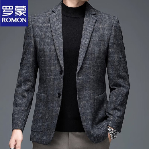 ROMON suit men's autumn and winter business casual suit jacket versatile men's wool single suit plaid jacket top 03 gray L 175