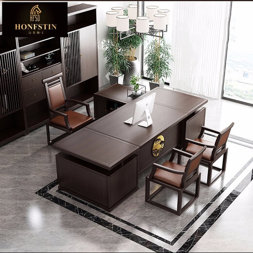 HONFSTIN new Chinese style solid wood boss table office desk and chair combination office furniture president table simple executive desk customization 2.0 meters boss table