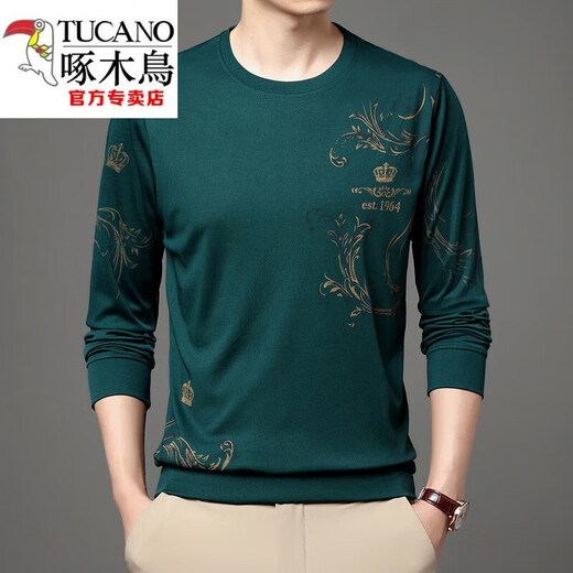 Specht (Tucano) Frühling und Herbst neuer Männer runder Nacken Langarm Eispunkt Seidendruck mittleren Alters und junges Bottoming-Shirt T-Shirt Casual Thin T-Shirt 6627 Blau 3xL empfohlen 170-185jin [Jin gleich 0,5 kg]