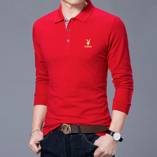 Playboy (PLAYBOY) POLO shirt men's solid color spring business casual men's youth versatile lapel long-sleeved T-shirt red XL