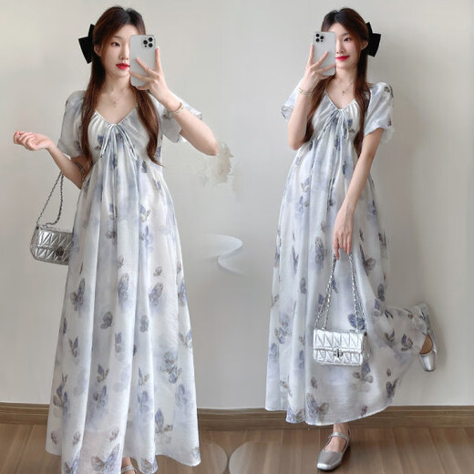 Yibaiyi (Yibaiyi) Neues 2025 Sommerkleid romantische lässige Freizeit mit V-Ausschnitt Spitze Langer Rock Loous Mutterschaftsrock Blau XL130-150JIN [Jin ist gleich 0,5 kg]