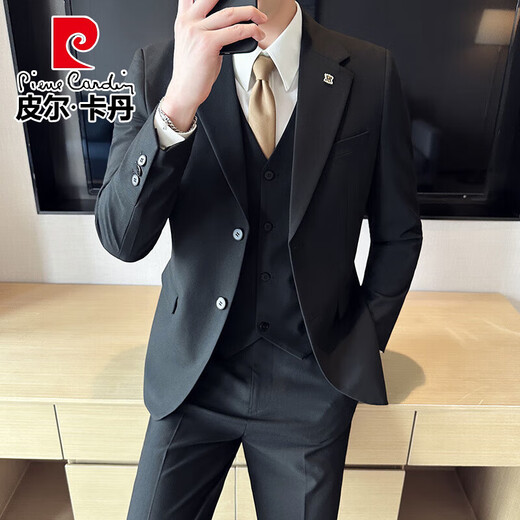 Pierre Cardin Suit Suit Men's Business Professional Formal Wear Groom Wedding Dress Men's Casual Slim Knitted Suit Jacket Fashion Medium Gray (Suit + Pants) 6XL